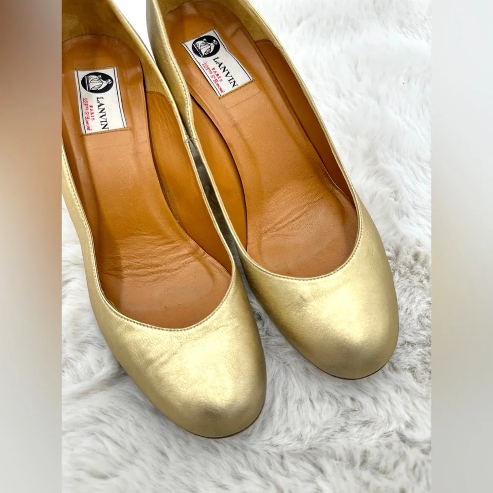 Lanvin Gold Metallic Leather Jute Wedge Sandals‎ Women’s 39 US 9